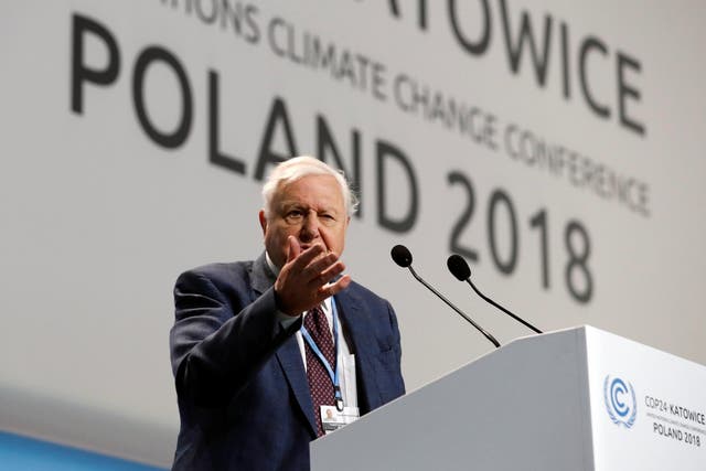 World renowned naturalist Sir David Attenborough delivers the People's Seat address during the opening of COP24 UN Climate Change Conference 2018 in Katowice