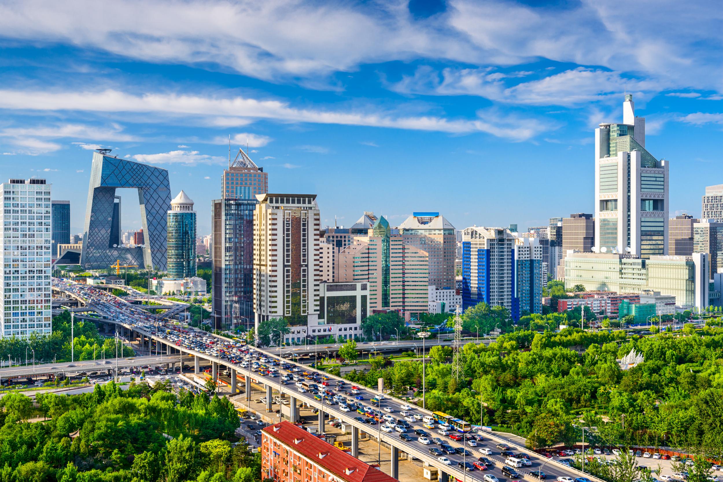 Beijing’s downtown skyline, including Rem Koolhas‘ trouser-leg-like CCTV Tower