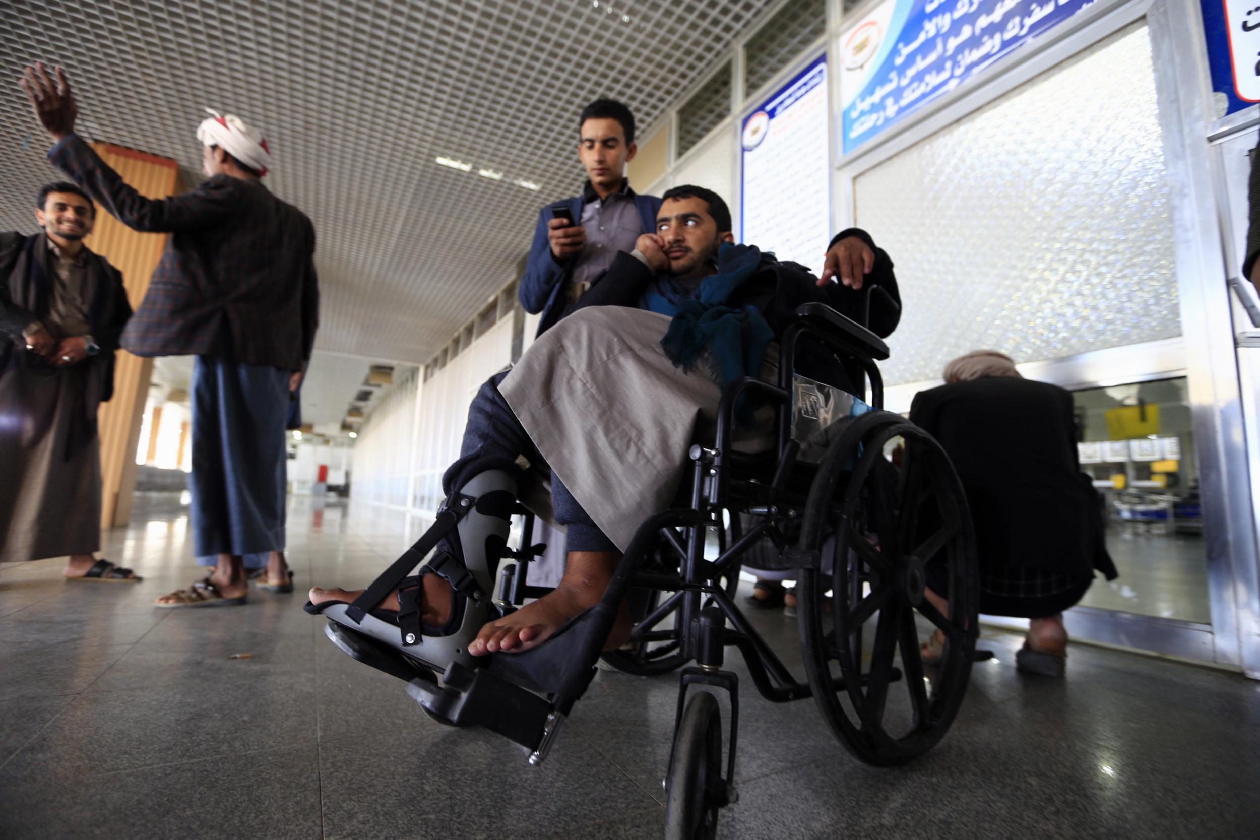 Yemen’s Houthi wounded fighters waiting to depart Sana’a to get treatment in Oman ahead of UN-brokered peace talks