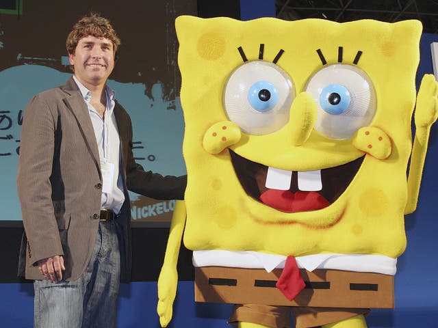 Hillenburg on stage with his creation at the Tokyo anime festival in 2006