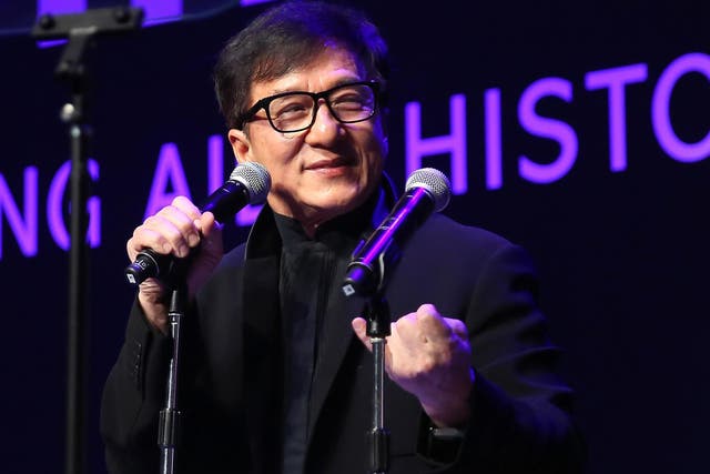 Jackie Chan speaks during the amfAR Hong Kong Gala 2017 at Shaw Studios on 25 March, 2017 in Hong Kong.