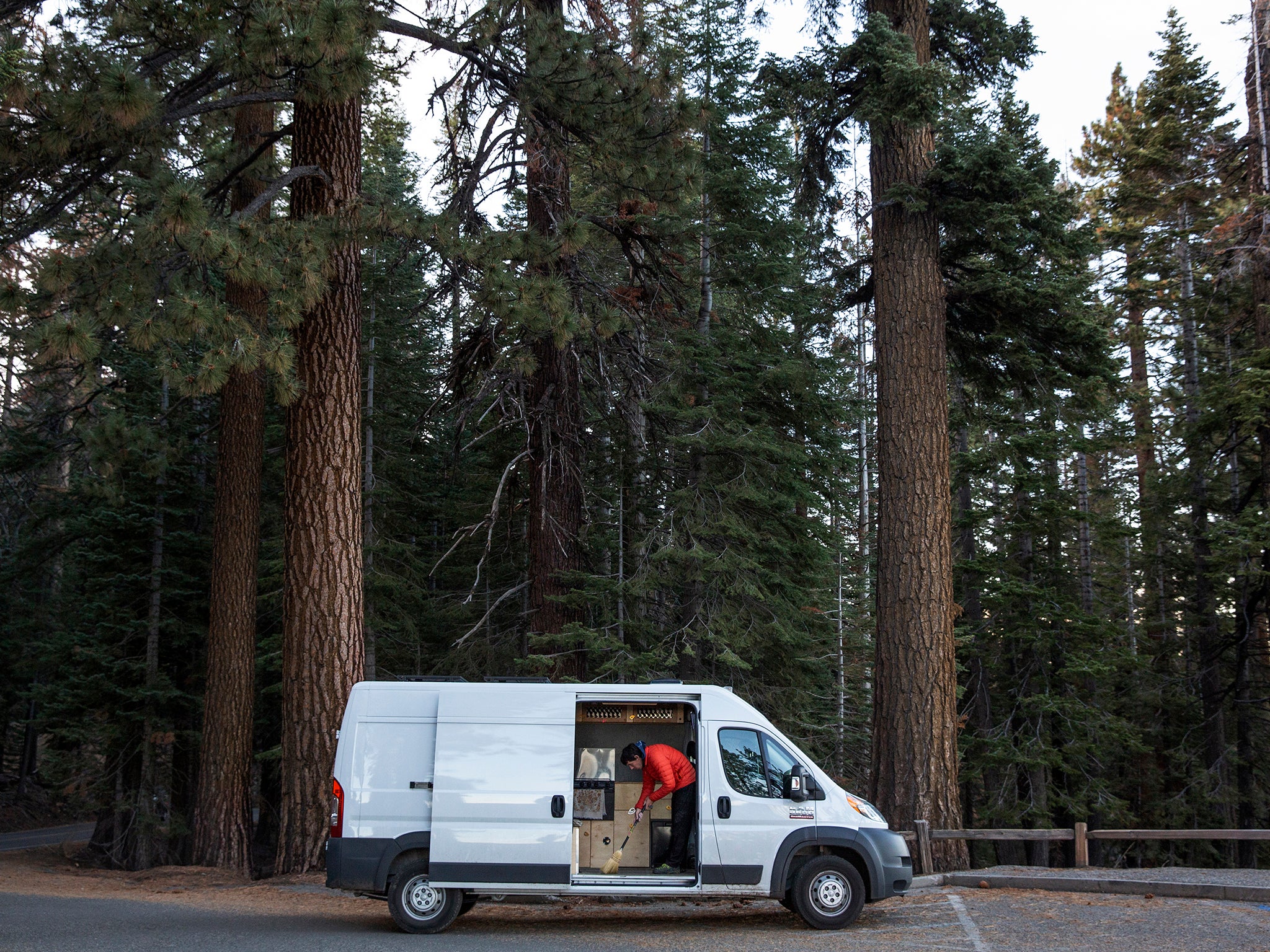 Honnold cleaning his van in Yosemite national park