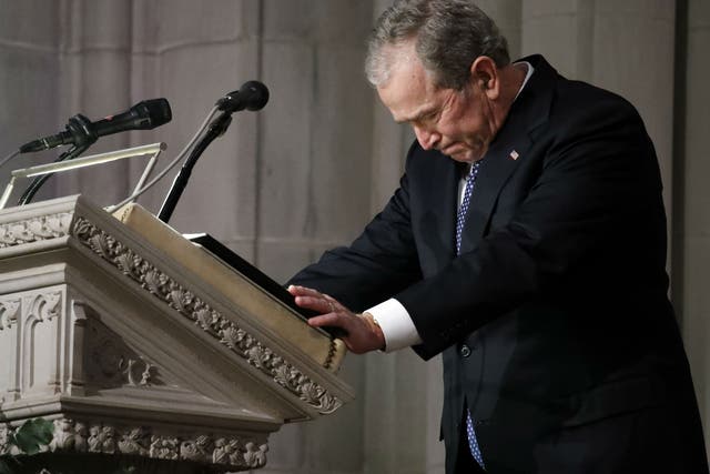Former President George W Bush speaks at the State Funeral for his father, former President George HW Bush