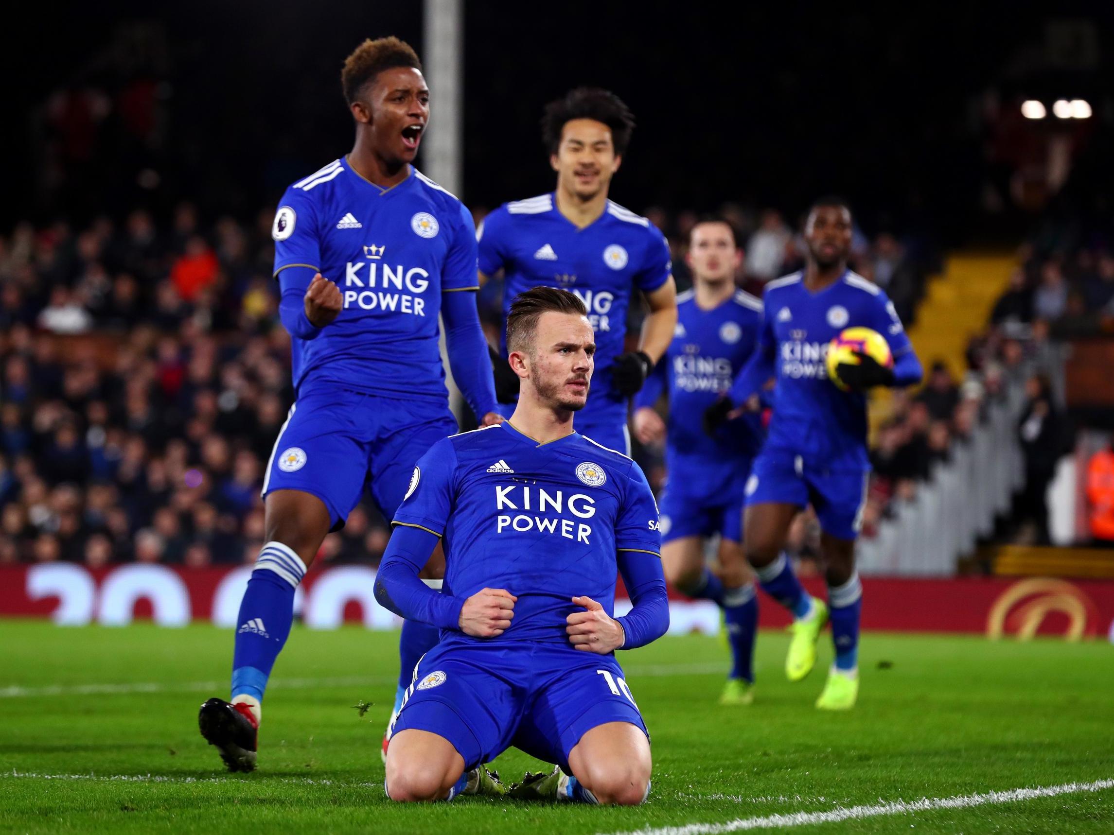 James Maddison celebrates equalising for the Foxes