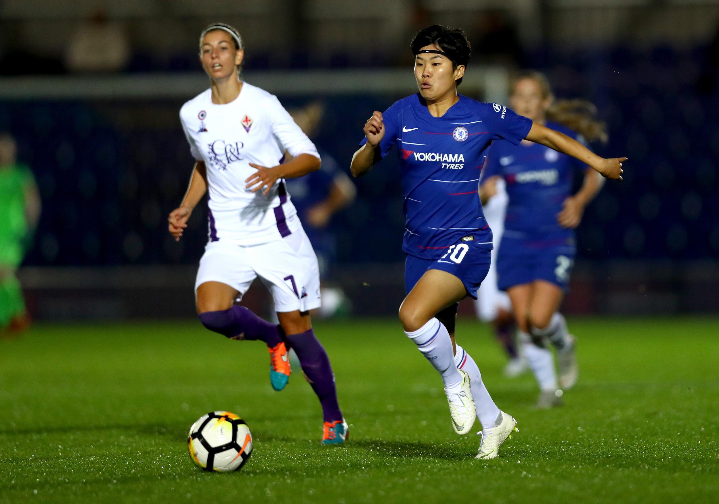 Chelsea's So-Yun Ji takes the ball past Greta Adami of Fiorentina