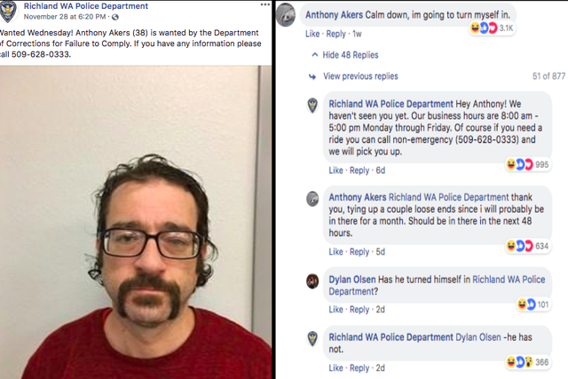 Exchange between Richland Police Department and Anthony Akers on Facebook