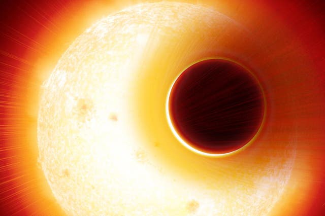 Artist's impression of the exoplanet HAT-P-11b with its extended helium atmosphere blown away by the star, an orange dwarf star smaller, but more active, than the Sun