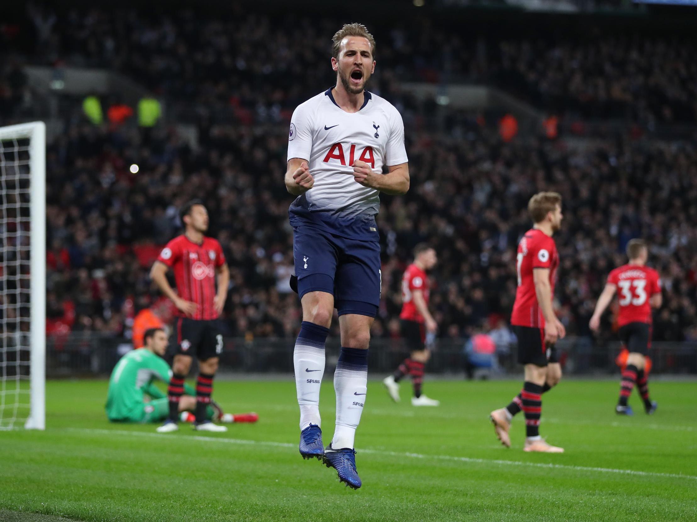 Harry Kane celebrates after putting Spurs ahead against Southampton