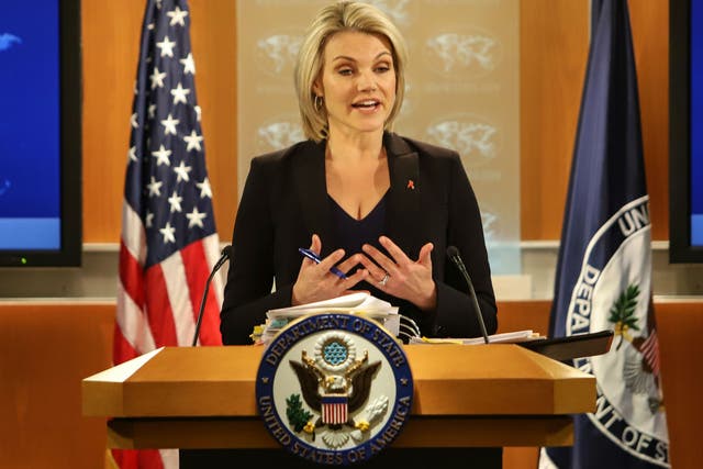 State Department spokesperson Heather Nauert speaks in the press briefing room