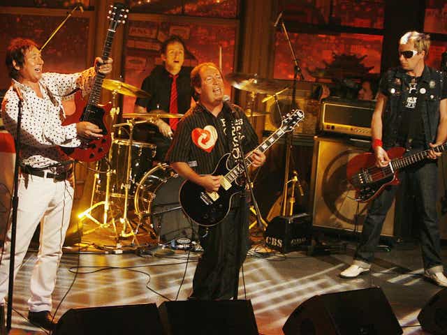 Shelley (centre) and fellow Buzzcocks performing on The Late Late Show in June 2006
