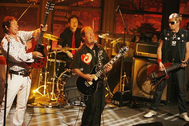Shelley (centre) and fellow Buzzcocks performing on The Late Late Show in June 2006