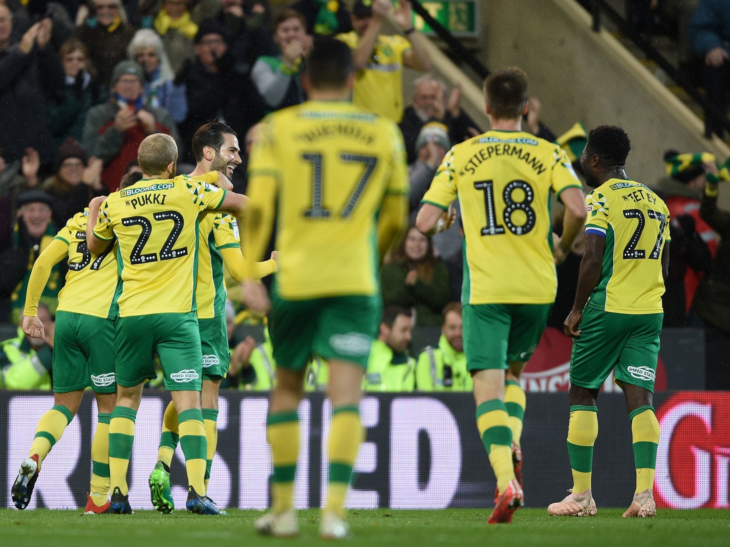 Mario Vrancic celebrates scoring Norwich's first goal