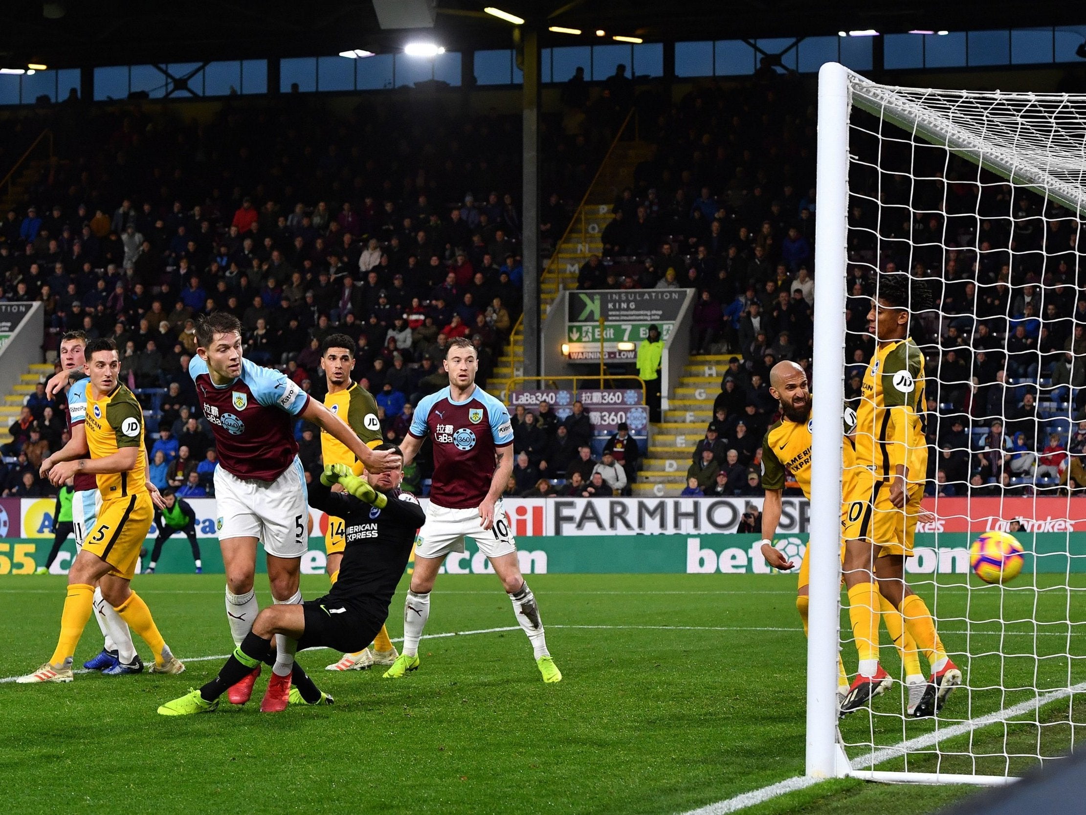 James Tarkowski sees his touch divert the ball home