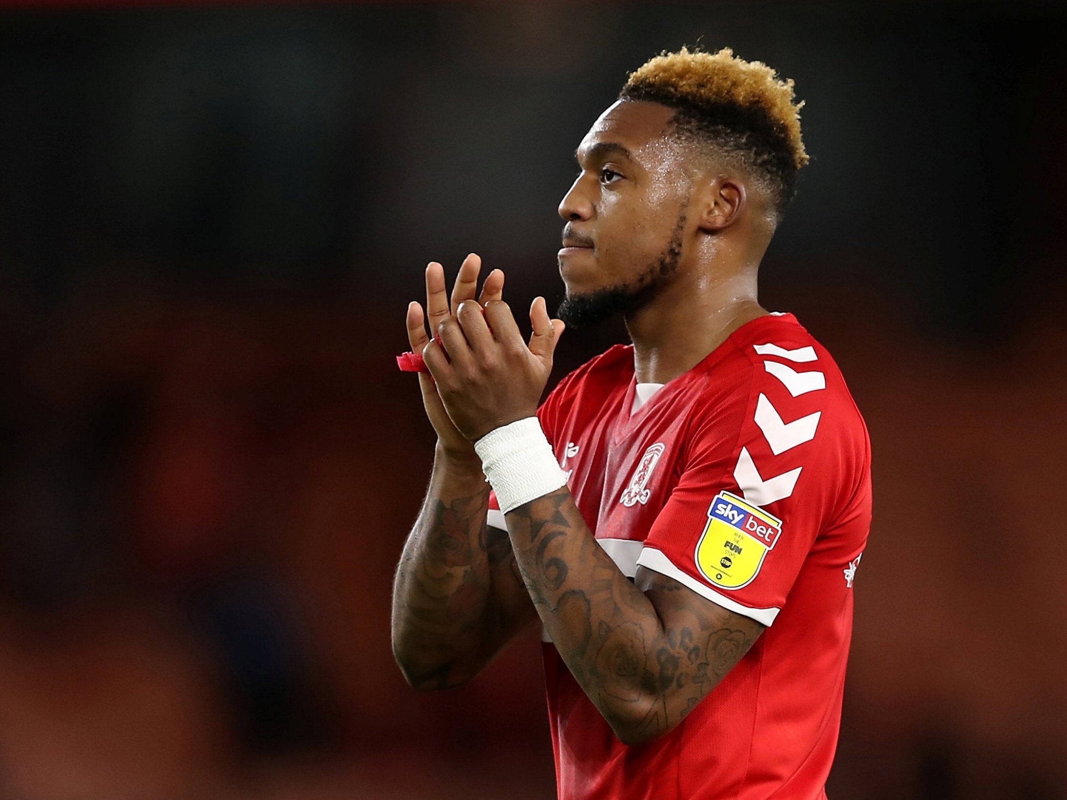 Britt Assombalonga applauds the Middlesbrough fans after the 1-1 draw with Blackburn