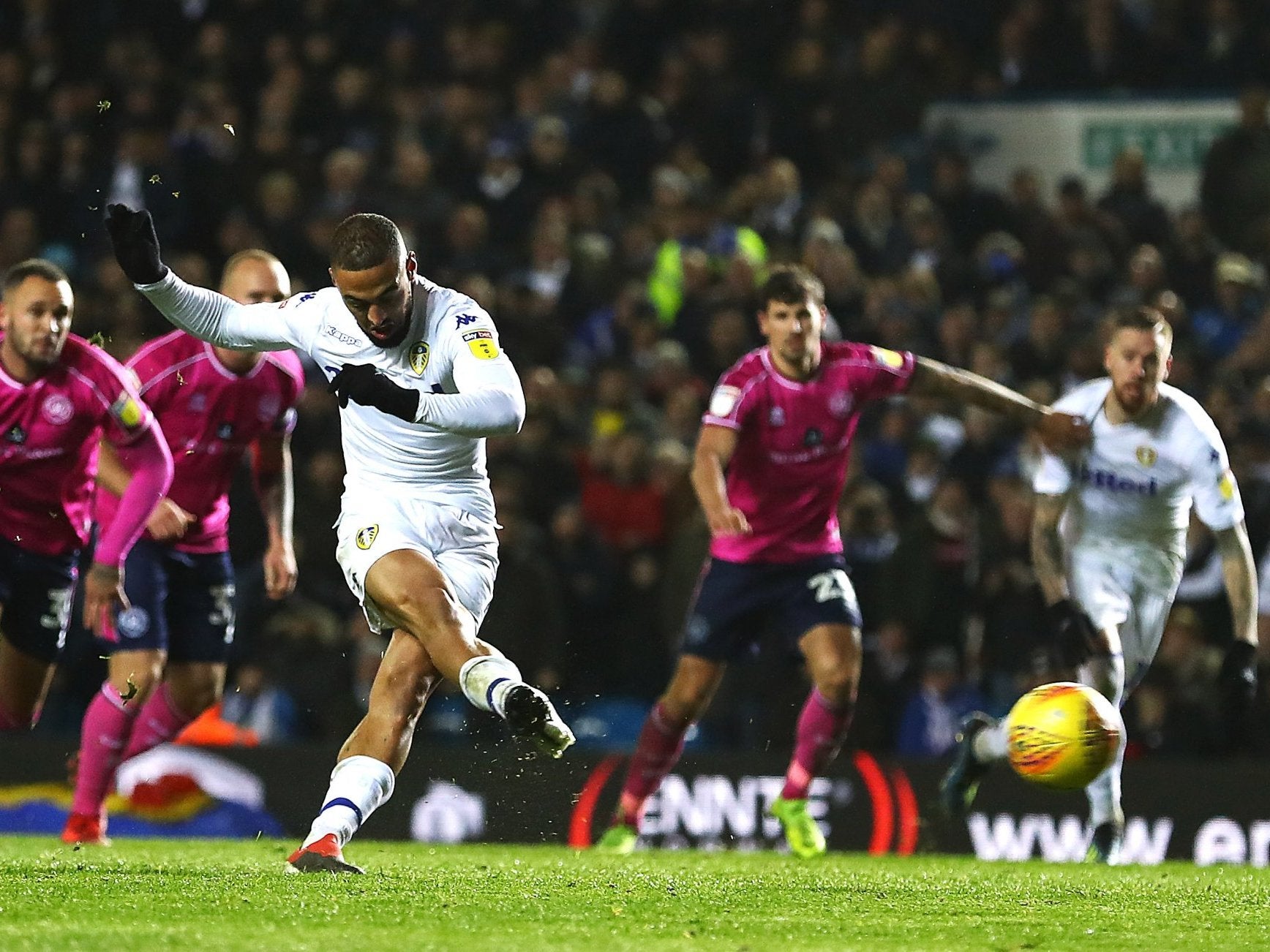 Kemar Roofe scores Leeds United's second goal in the victory over QPR