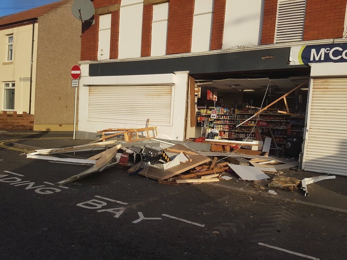 A view of the McColl's shop on Cleveland Terrace, Newbiggin-by-the-Sea, Northumberland, following a ram raid on 8 December, 2018, in which a cash machine was taken.