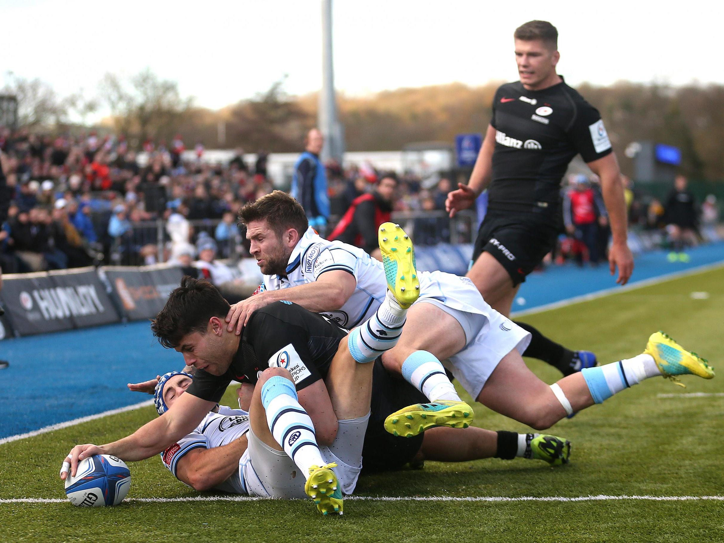 Sean Maitland scores one of his two tries for Saracens