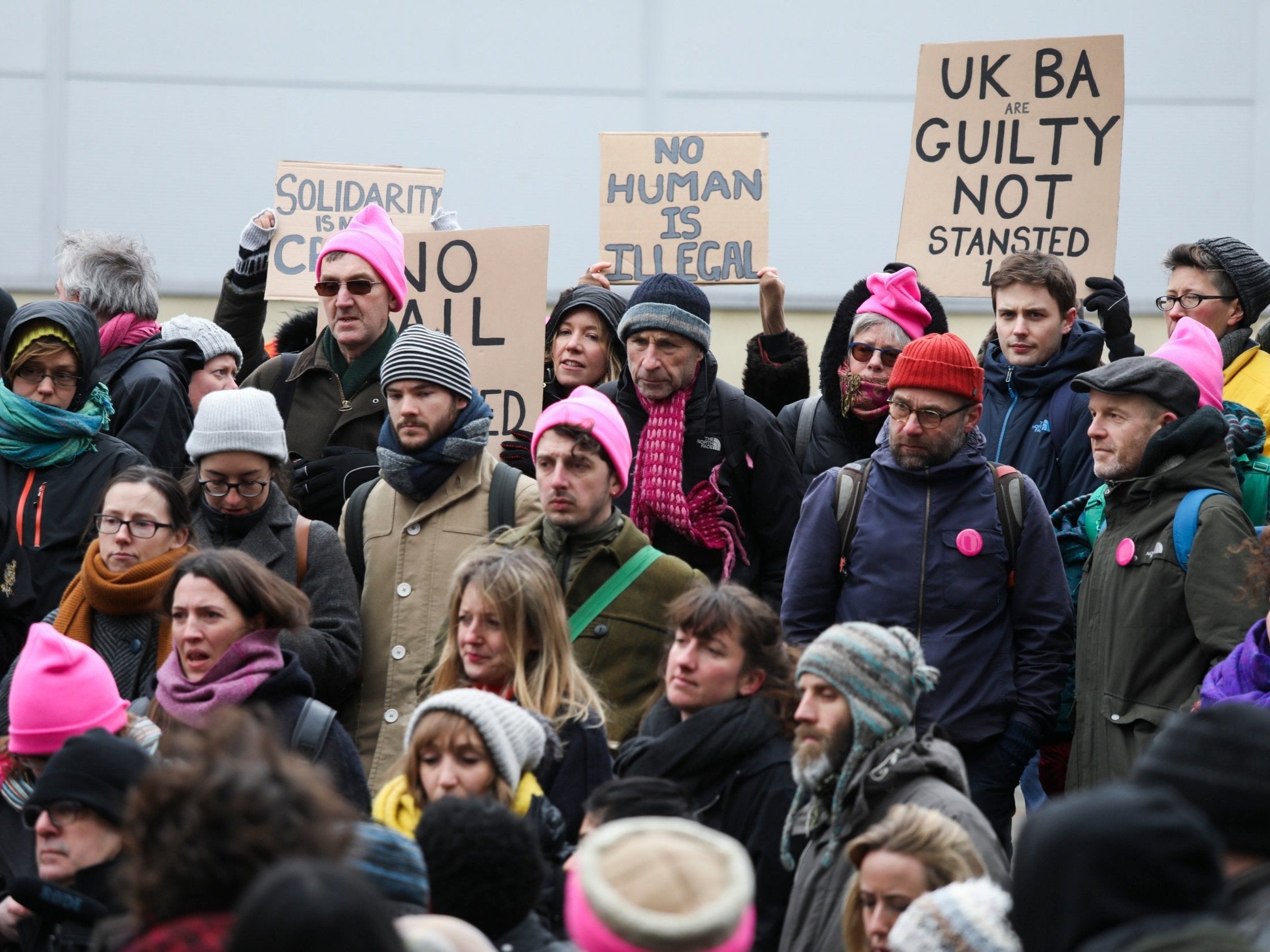 Demonstrators in support of the Stansted 15 at the start of the group’s trial in Chelmsford in March