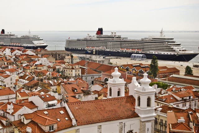 Cruise ships lie at anchor at the terminal in Lisbon in Portugal