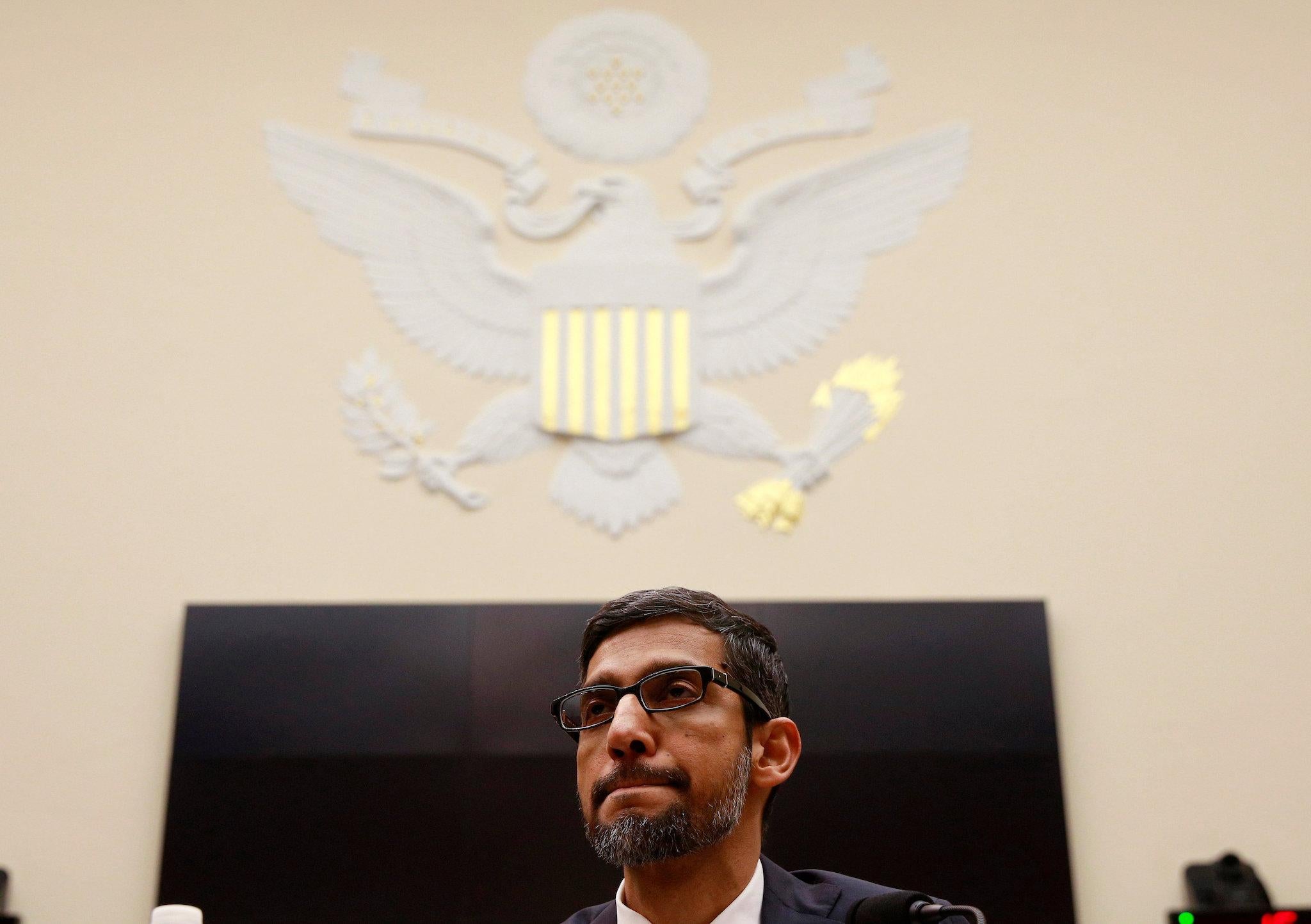 Google CEO Sundar Pichai listens to a question as he testifies at a House Judiciary Committee
