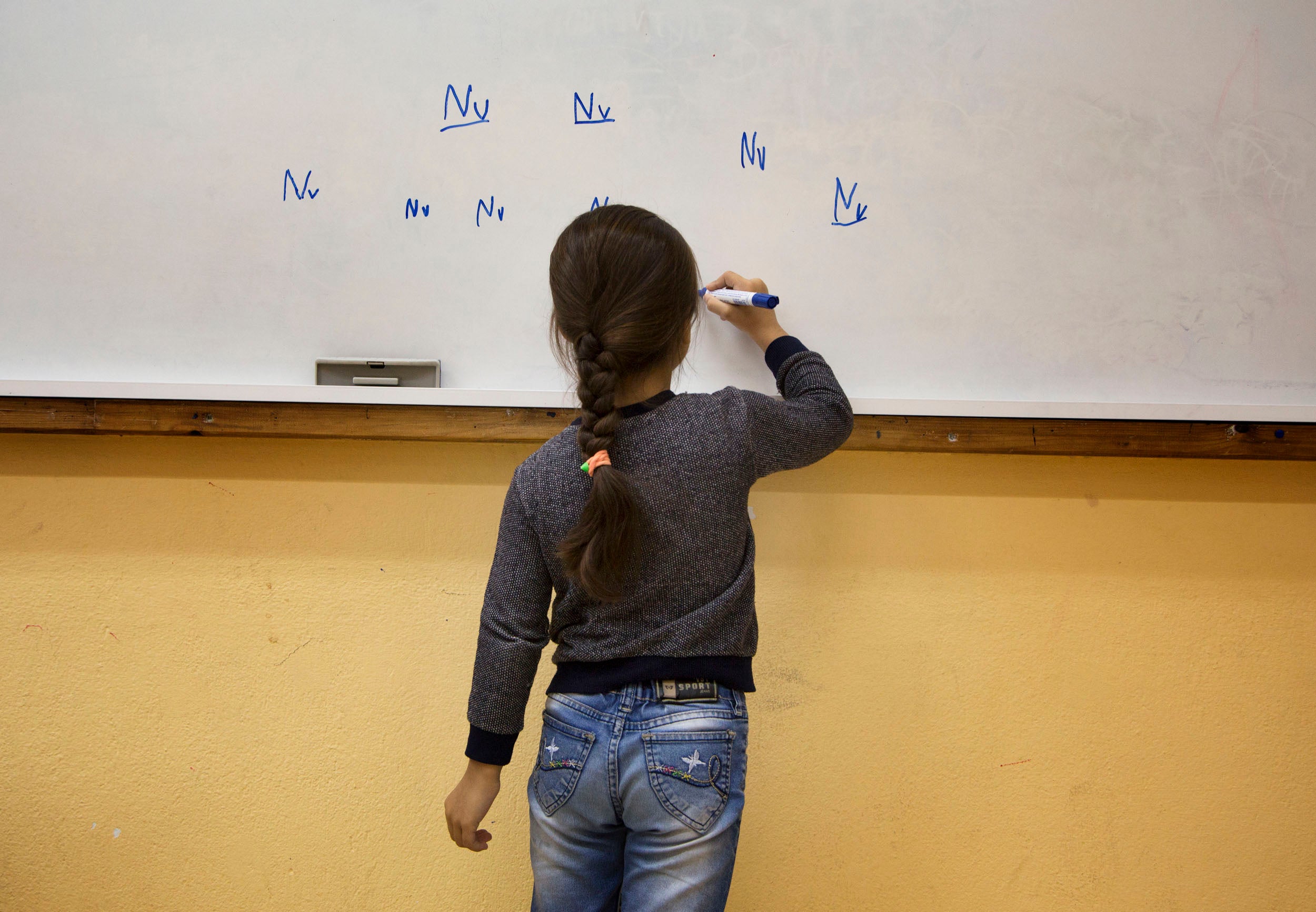 A pupil from Syria does an exercise at school
