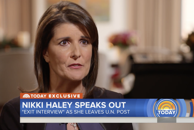 Outgoing US Ambassador to the United Nations Nikki Haley gave an 'exit interview' to the Today show on Wednesday.