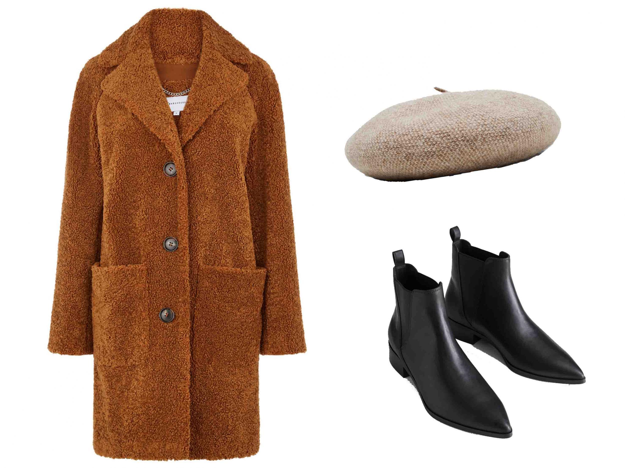 Teddy Bear Faux Fur Coat, £89, Warehouse; Leather Chelsea Boots, £110, &amp; Other Stories; Wool Beret, £15.99, Zara