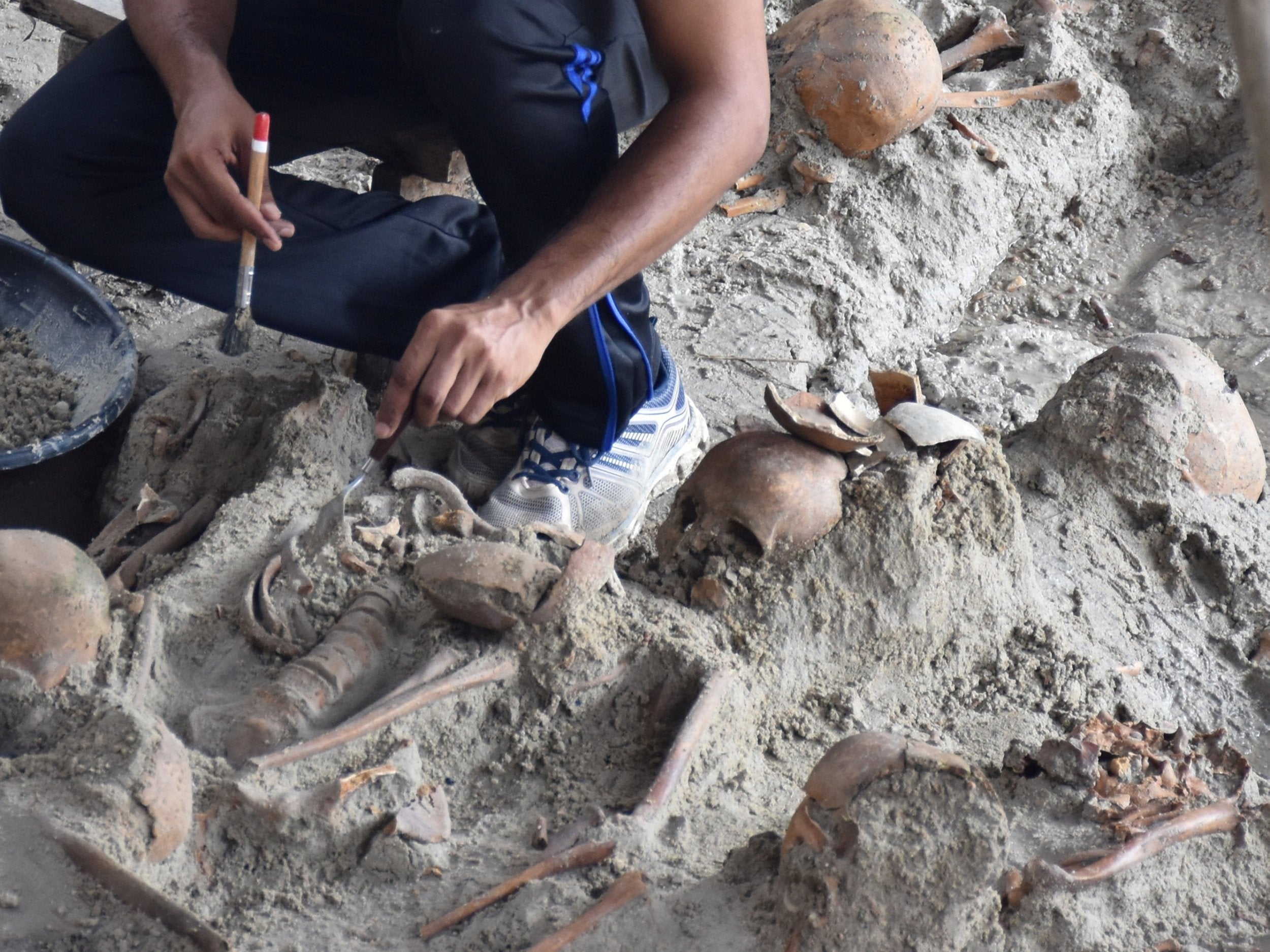 Staff dig up skeletons at a site of a former war zone in Mannar, Sri Lanka