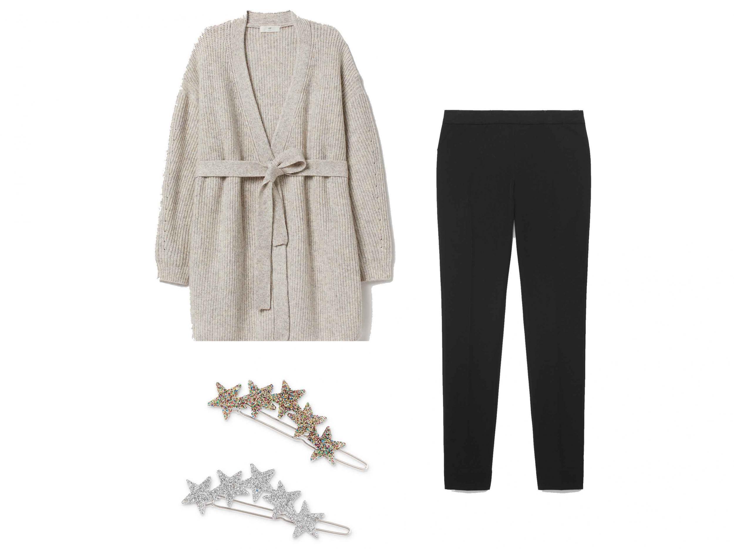 Cardigan with a Tie Belt, £34.99, H&amp;M; Elastic Waist Stretch Trousers, £59, Cos; Shooting Stars Glitter Hair Clips, £9.50, Oliver Bonas