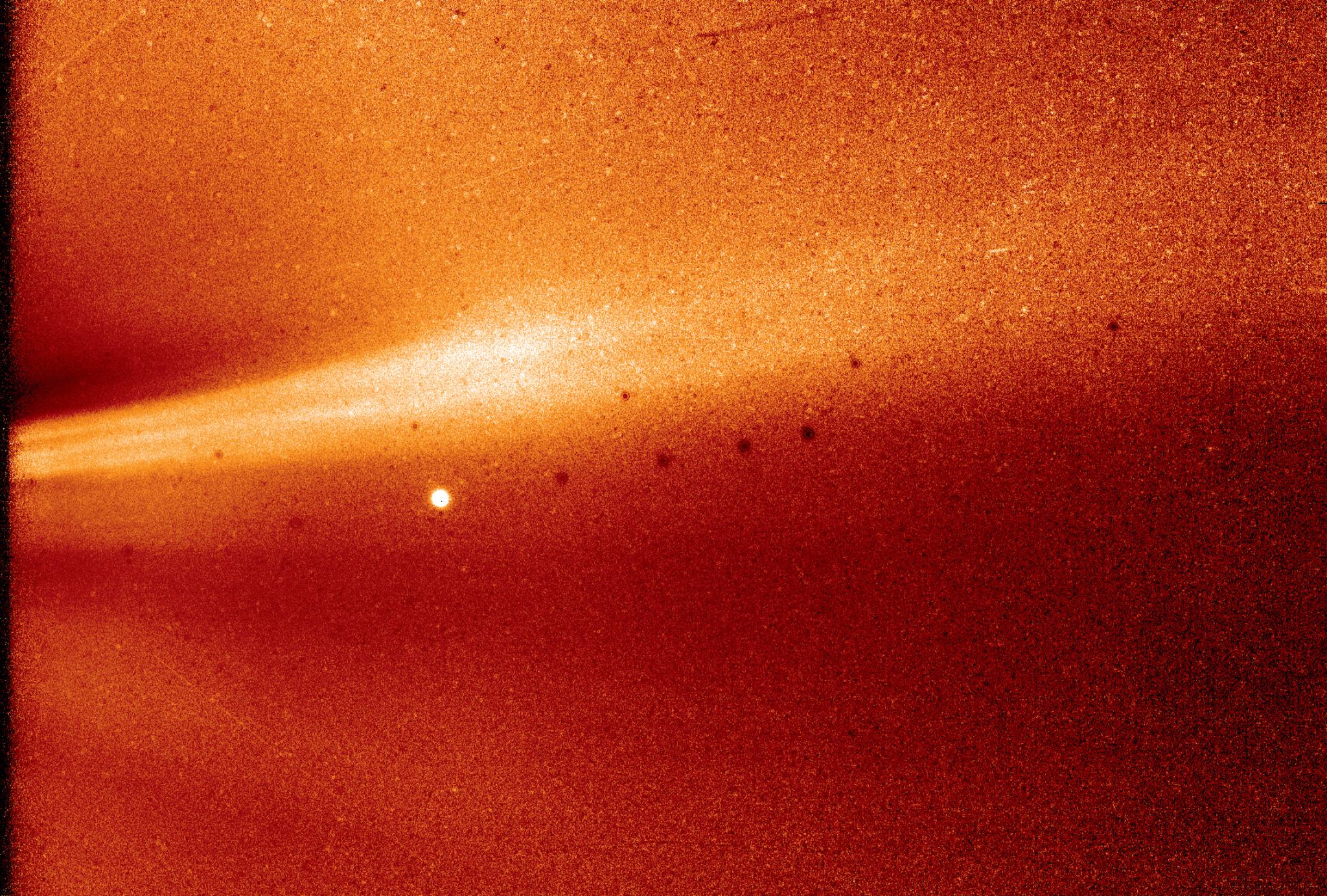 This image from Parker Solar Probe's WISPR (Wide-field Imager for Solar Probe) instrument shows a coronal streamer, seen over the east limb of the Sun