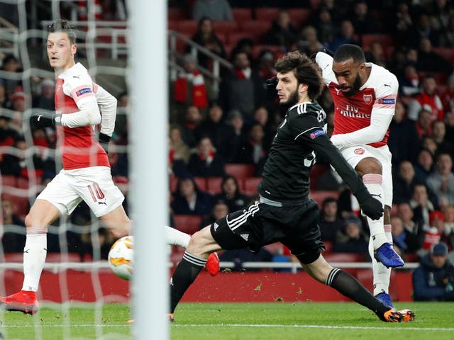 Alexandre Lacazette fires Arsenal in front at the Emirates