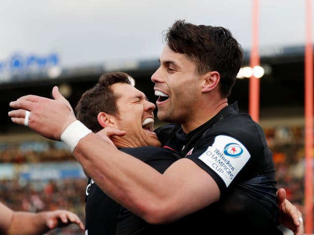 Saracens' Sean Maitland celebrates with Alex Goode after scoring against Cardiff