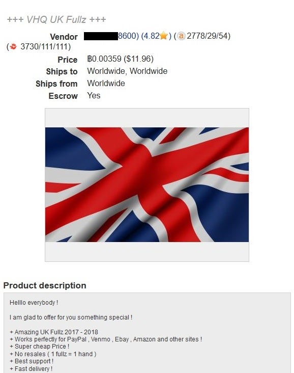 An example of a UK ‘fullz’ for sale on a dark web market