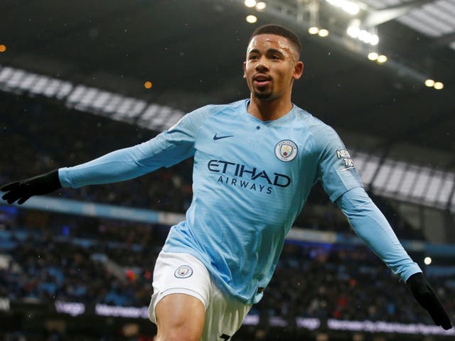 Gabriel Jesus celebrates after scoring to put Manchester City in front of Everton