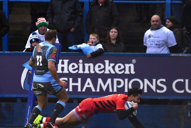 Sean Maitland crosses for a try in Saracens' victory over Cardiff Blues
