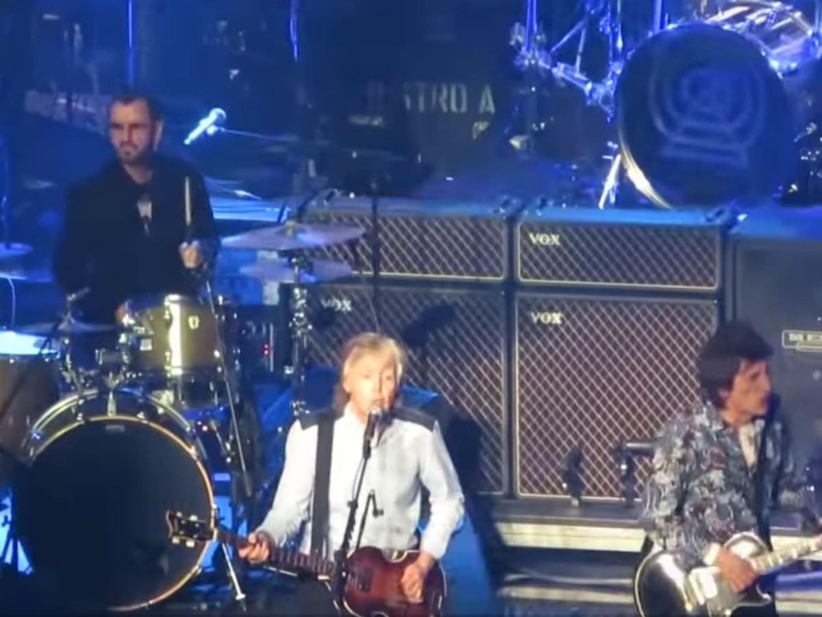 Ringo Starr and Ronnie Wood join Paul McCartney for performance of Beatles classic at London show