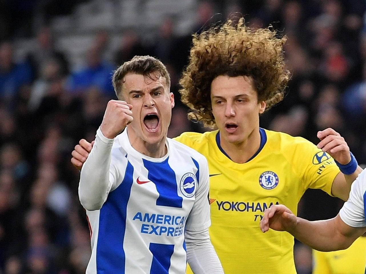 Solly March celebrates after scoring for Brighton