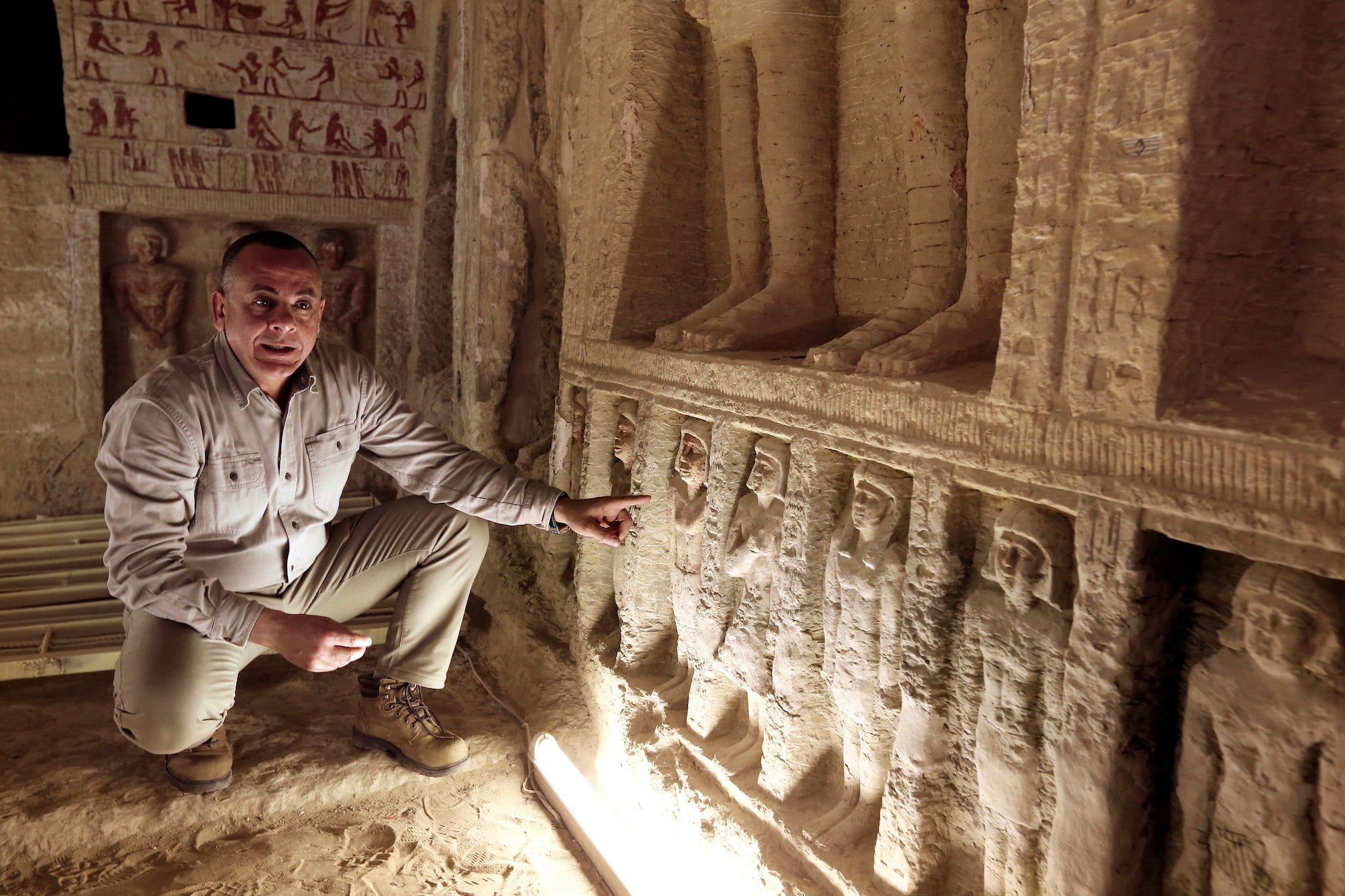 Mostafa Waziri, secretary general of the Supreme Council of Antiquities, speaks inside a recently uncovered tomb of Wahtye