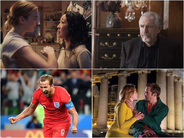 Clockwise from top left: Jodie Comer and Sandra Oh in 'Killing Eve', Brian Cox in 'Succession', Florence Pugh and Alexander Skarsgard in 'The Little Drummer Girl', and Harry Kane after England's triumph over Columbia