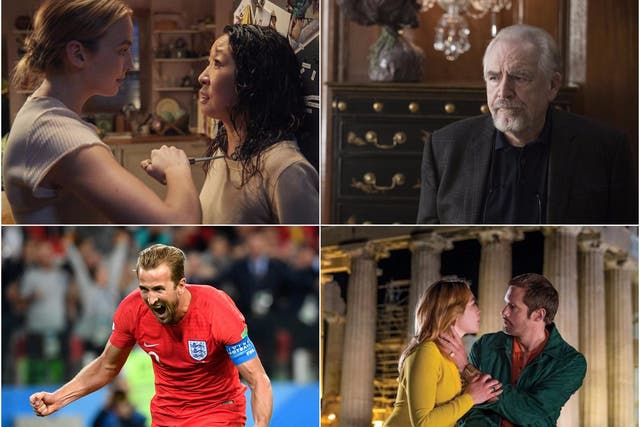 Clockwise from top left: Jodie Comer and Sandra Oh in 'Killing Eve', Brian Cox in 'Succession', Florence Pugh and Alexander Skarsgard in 'The Little Drummer Girl', and Harry Kane after England's triumph over Columbia