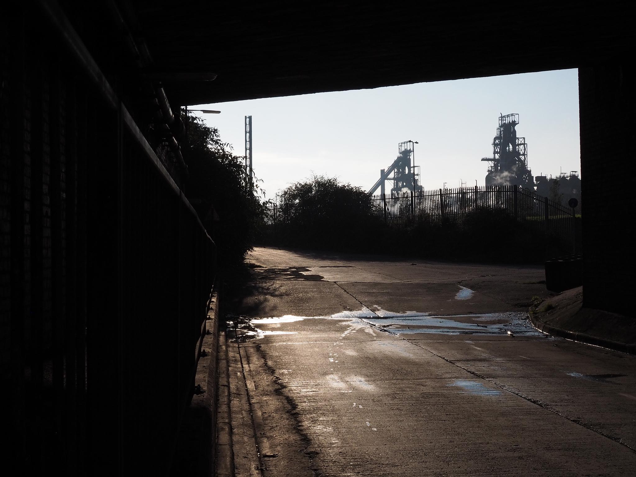 View of the Port Talbot steelworks from an underpass by the M4