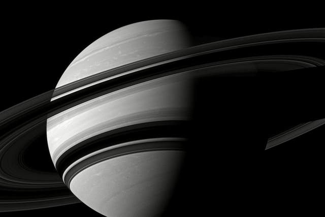 Cassini spacecraft takes an angled view towards Saturn, showing the southern reaches of the planet with the rings on a dramatic diagonal