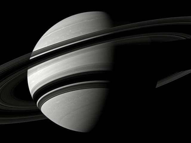 Cassini spacecraft takes an angled view towards Saturn, showing the southern reaches of the planet with the rings on a dramatic diagonal