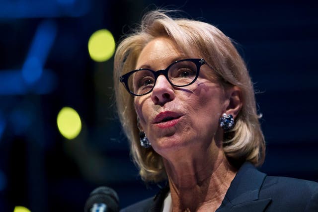 Education Secretary Betsy DeVos speaks during a student town hall at National Constitution Center in Philadelphia