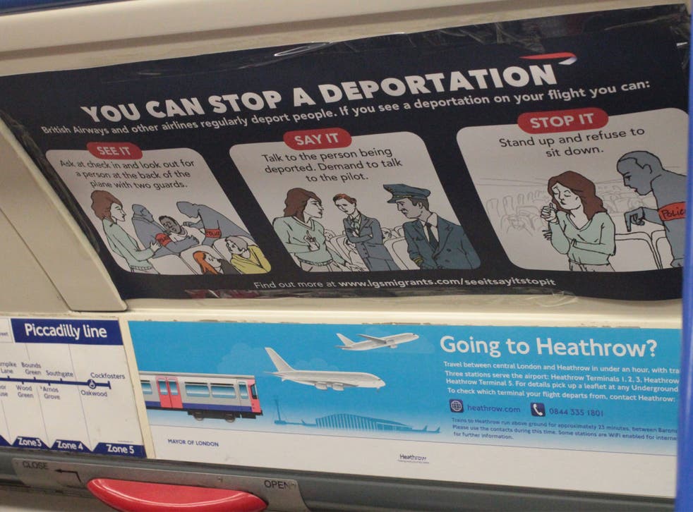 More than 200 signs were placed across three Tube lines by anti-deportation campaigners on Tuesday