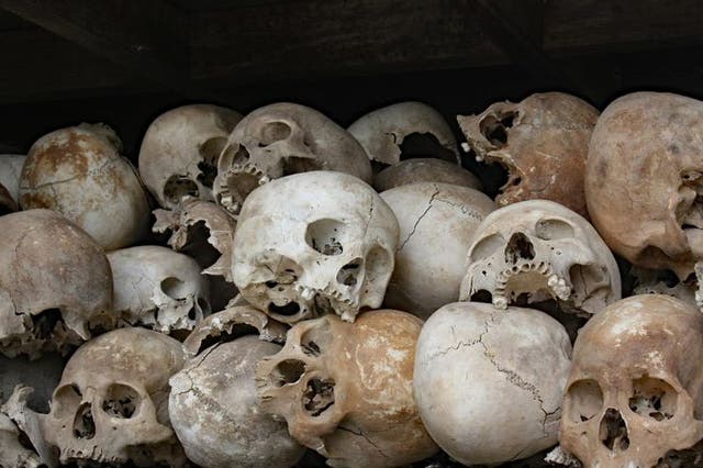 Skulls of those murdered by the Pol Pot regime in the Cambodian Killing Fields form a shrine to the dead
