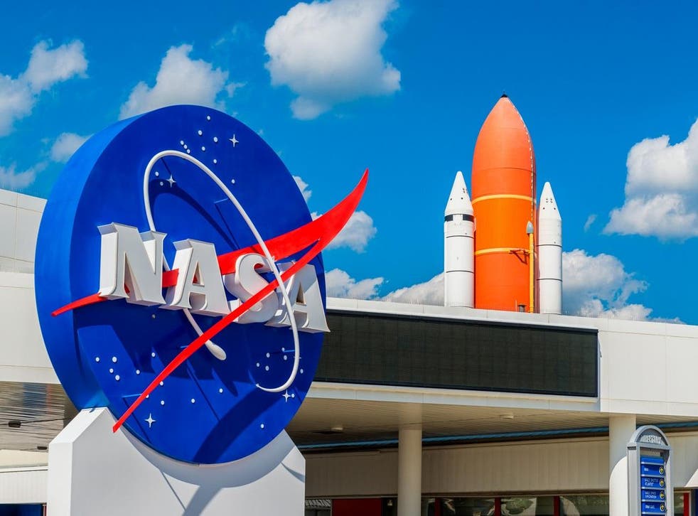 NASA Logo and Atlantis Space Shuttle at Kennedy Space Center Visitor Complex in Cape Canaveral, Florida, USA