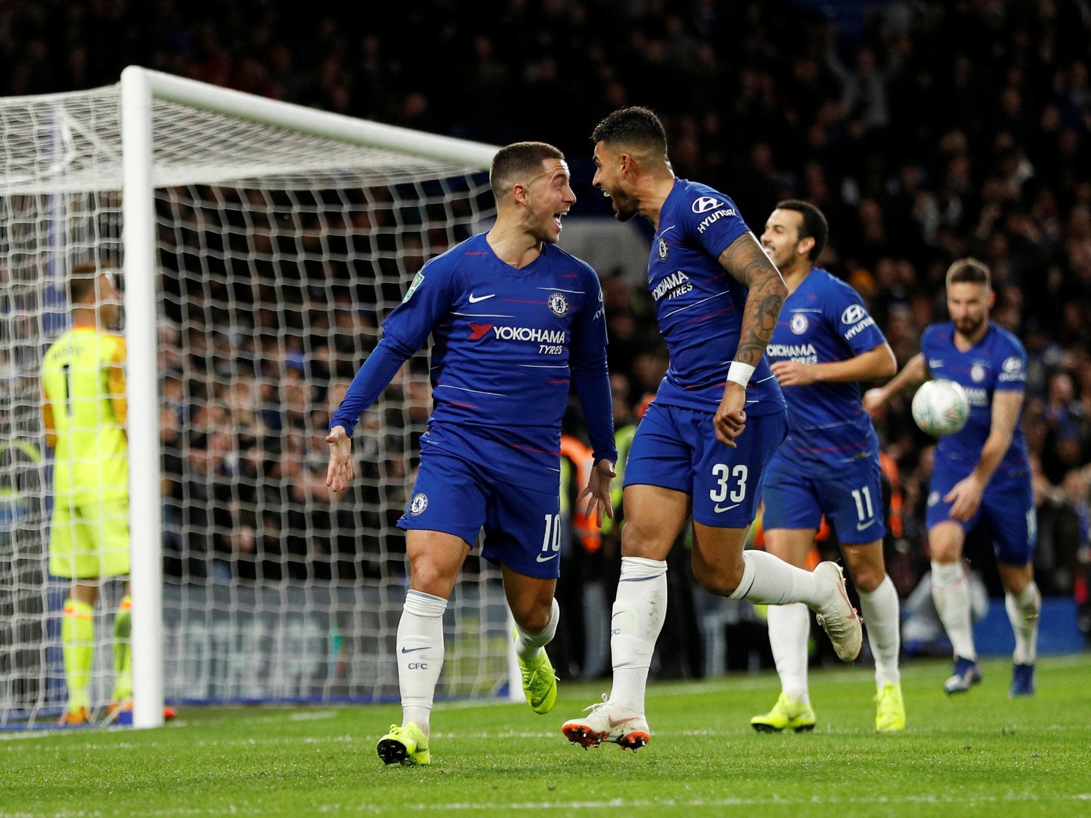 Eden Hazard celebrates scoring the winner at Stamford Bridge
