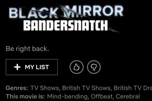A search for the word "Bandersnatch" on Netflix brings up the title card of what is presented as "a Netflix film".