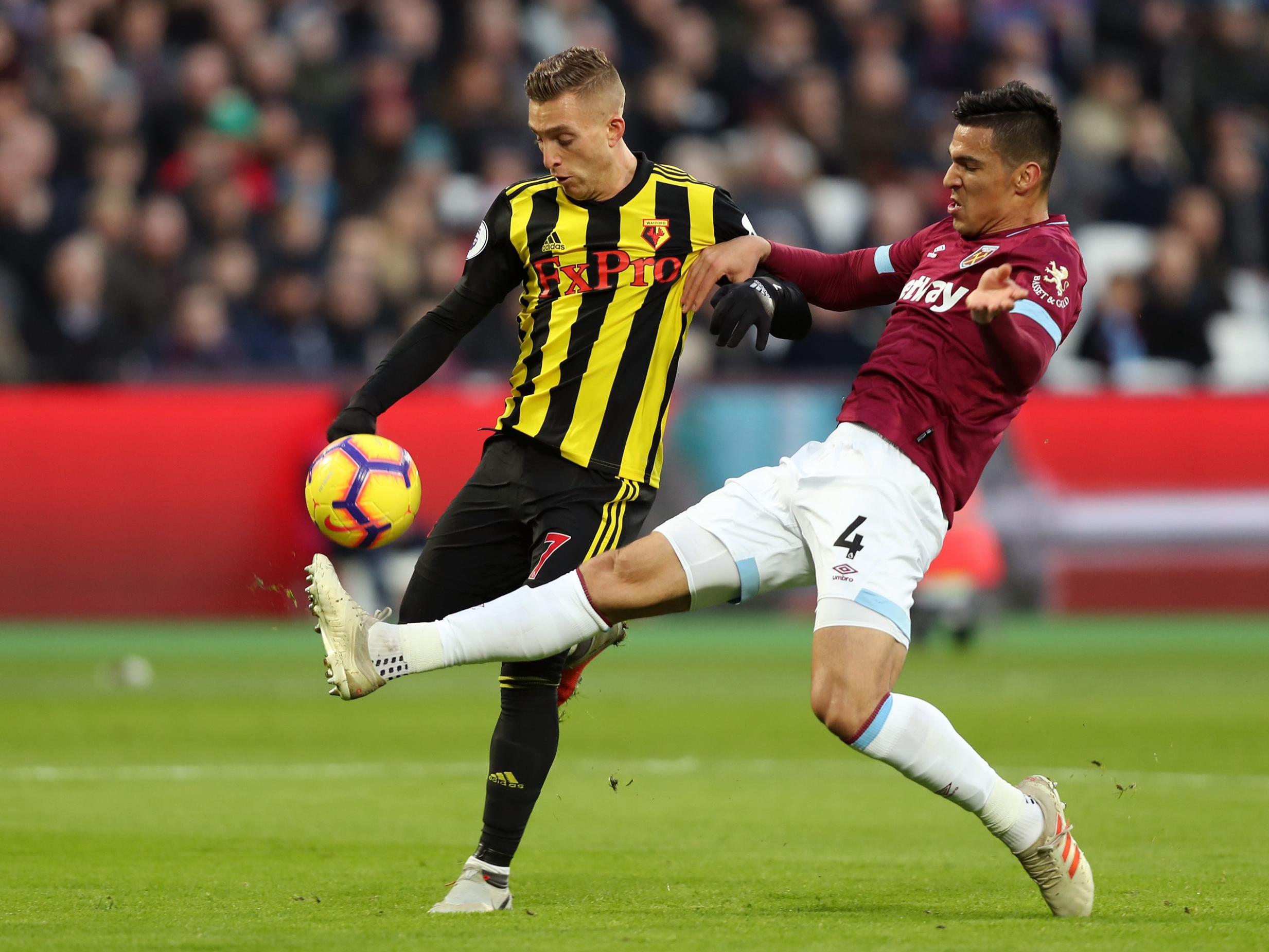 Fabian Balbuena lunges to dispossess Gerard Deulofeu